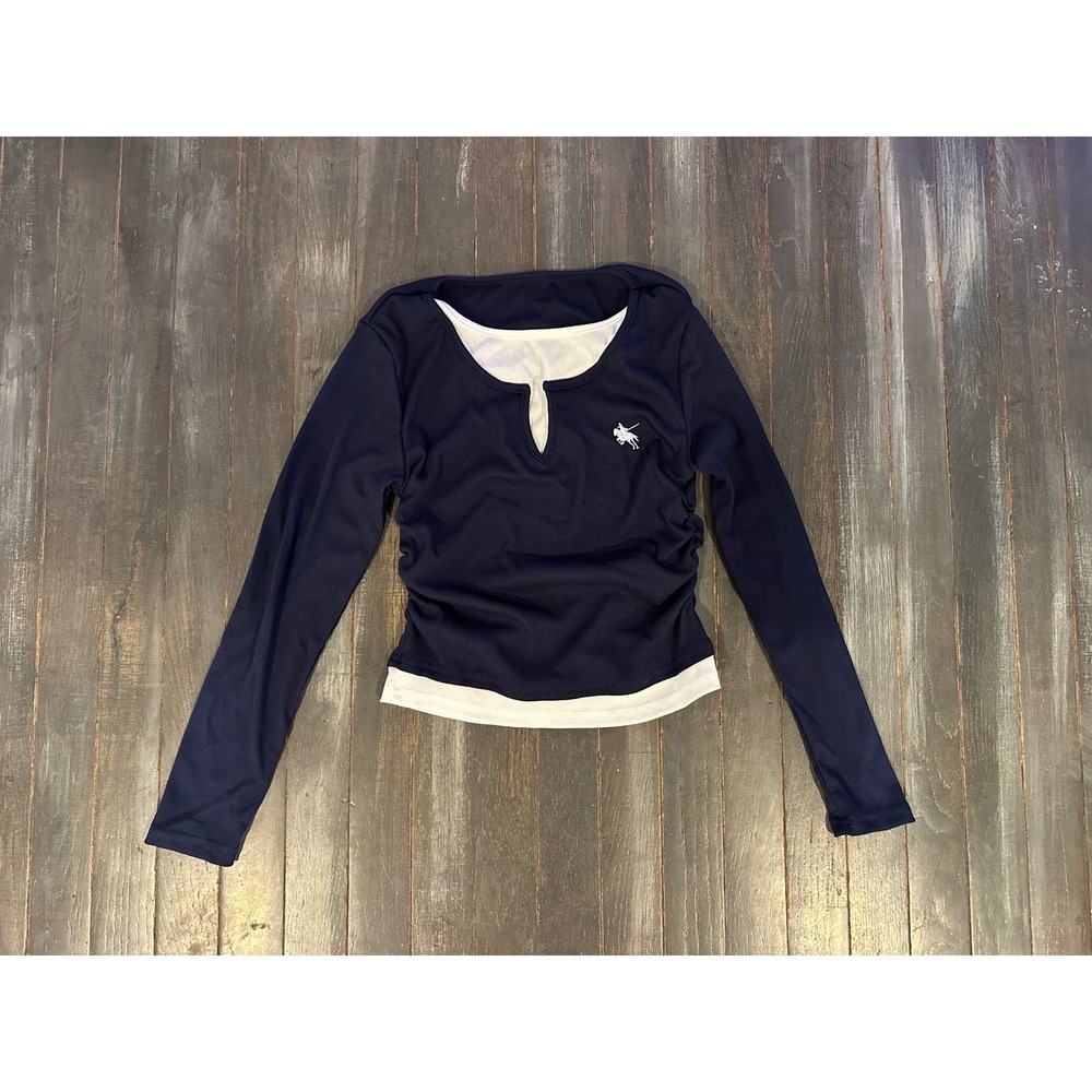 Girls Navy Blue Layered Ribbed Long Sleeve Top Equestrian Logo Split Neck